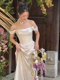 Simple A line Off The Shoulder Satin Ruffles Long White Wedding Dresses HZ1024