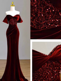 Sexy Mermaid Burgundy Off The Shoulder Long Prom Dresses Satin Birthday Outfits HZ1024
