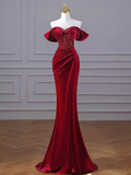 Sexy Mermaid Burgundy Off The Shoulder Long Prom Dresses Velvet Birthday Outfits HZ1024