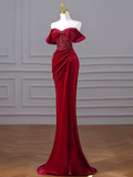 Sexy Mermaid Burgundy Off The Shoulder Long Prom Dresses Velvet Birthday Outfits HZ1024