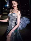 Sexy Mermaid Strapless Sequin Silver Slit Prom Dresses Long Birthday Outfits HZ1024