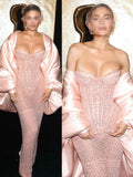 Classy Sheath Strapless Sequin Floor Length Pink Slit Prom Dresses Prom Gowns HZ1024