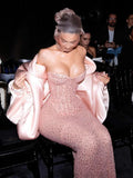 Classy Sheath Strapless Sequin Floor Length Pink Slit Prom Dresses Prom Gowns HZ1024