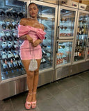 Cute Sheath Off The Shoulder Pink Satin Homecoming Dresses Short Cocktail Dress With Bow HZ1024