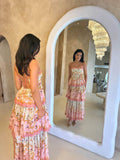 Pretty A line Spaghetti Straps Pink Floral Ruffles Backless Long Prom Dresses Evening Dress HZ1024