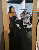 Fancy Sheath Strapless Sequin Black Sexy Lace Long Prom Dresses HZ1024