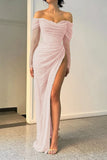 Fancy Sheath Off The Shoulder Sequin Burgundy Slit Long Prom Dresses HZ1024