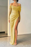 Fancy Sheath Off The Shoulder Sequin Burgundy Slit Long Prom Dresses HZ1024