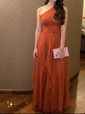 Fancy A line One Shoulder Rust Orange Tulle Long Prom Dresses Ruffles Evening Dress HZ1024