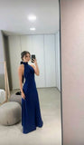 Classy A line High Neckline Streachable Satin Navy Blue Long Prom Dresses Evening Dress HZ1024
