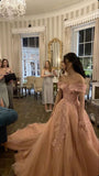 Classy Ball Gown Off The Shoulder Tulle Pink Long Prom Dresses Evening Dress With Appliques HZ1024