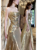 Gorgeous Sheath Spaghetti Straps Gold Sequin Slit Prom Dresses Evening Dress HZ1024