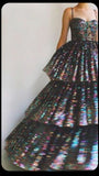 Pretty Ball Gown Spaghetti Straps Ruffles Layers Black Sequin Long Prom Dresses Formal Evening Dress HZ1024
