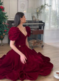 A-Line V-Neck Velour Homecoming Dresses Puff Short Sleeves Beads Elegant Prom Dresses Party Dress HZ1024