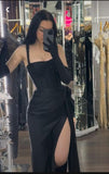 Elegant Sheath Straps Black Satin Beads Slit Long Prom Dresses Formal Dress HZ1024