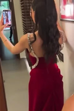 Elegant Sheath Straps Burgundy Satin Silver Beads Slit Long Prom Dresses Formal Dress HZ1024