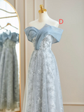 Pale Blue A Line Chiffon Tulle Lace Long Bridesmaid Dress HZ1024