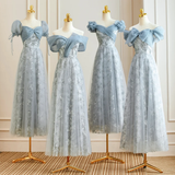 Pale Blue A Line Chiffon Tulle Lace Long Bridesmaid Dress HZ1024