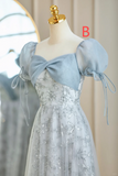 Pale Blue A Line Chiffon Tulle Lace Long Bridesmaid Dress HZ1024