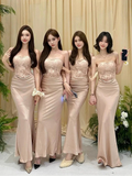 Champagne Mermaid Off The Shoulder Satin Lace Long Bridesmaid Dress HZ1024