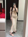 Champagne Mermaid Off The Shoulder Satin Lace Long Bridesmaid Dress HZ1024