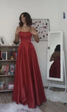 Pretty A line Spaghetti Straps Red Satin Slit Long Prom Dresses Evening Dress HZ1024