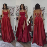 Pretty A line Spaghetti Straps Red Satin Slit Long Prom Dresses Evening Dress HZ1024