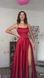 Pretty A line Spaghetti Straps Red Satin Slit Long Prom Dresses Evening Dress HZ1024