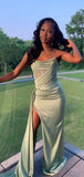 Modest Mermaid Strapless Mint Green Long Satin Slit Prom Dresses Evening Dress HZ1024