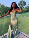 Modest Mermaid Strapless Mint Green Long Satin Slit Prom Dresses Evening Dress HZ1024