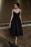 Modest A Line Spaghetti Straps Sleeveless Black Satin Prom Dresses Evening Dress HZ1024