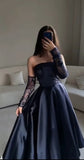 Modest Ball Gown Navy Blue Strapless With Long Sleeves Prom Dresses Long Evening Dress HZ1024