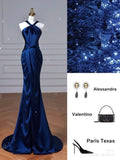 Modest Mermaid Halter Navy Blue Fold Satin Prom Dresses Long Evening Dress HZ1024