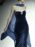 Modest Sheath Strapless Navy Blue Beads Velvet Prom Dresses Long Evening Dress HZ1024
