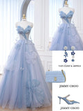Pretty Ball Gown Sweetheart Tulle Long Blue Floor Length Prom Dresses HZ1024