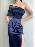 Modest Sheath One Shoulder Sleeveless Navy Blue Slit Satin Prom Dresses Long Evening Dress HZ1024
