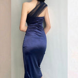 Modest Sheath One Shoulder Sleeveless Navy Blue Slit Satin Prom Dresses Long Evening Dress HZ1024