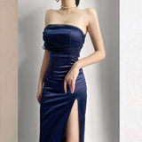 Modest Sheath One Shoulder Sleeveless Navy Blue Slit Satin Prom Dresses Long Evening Dress HZ1024