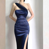 Modest Sheath One Shoulder Sleeveless Navy Blue Slit Satin Prom Dresses Long Evening Dress HZ1024