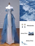 Elegant Sheath Off The Shoulder Blue Sequin Prom Dresses Long Evening Dress HZ1024