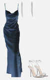 Elegant Sheath Spaghetti Straps Navy Blue Silk Satin Prom Dresses Long Evening Dress HZ1024