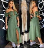 Elegant A line Off The Shoulder Green Slit Satin Prom Dresses Long Evening Dress HZ1024