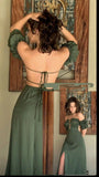 Elegant A line Off The Shoulder Green Slit Satin Prom Dresses Long Evening Dress HZ1024