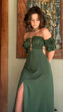 Elegant A line Off The Shoulder Green Slit Satin Prom Dresses Long Evening Dress HZ1024