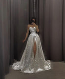 Elegant A line Sweetheart White Slit Sequin Prom Dresses Long Evening Dress HZ1024