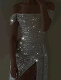 Elegant Sheath Off The Shoulder White Slit Sequin Prom Dresses Long Evening Dress HZ1024