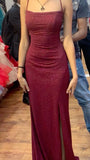 Elegant Sheath Spaghetti Straps Burgundy Slit Sequin Prom Dresses Long Evening Dress HZ1024