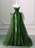 Elegant Sheath Strapless Sequin Green With Silver Beads Prom Dresses Long Evening Dress HZ1024