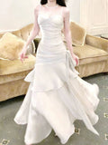 Elegant Sheath Straps Sleeveless White Prom Dresses Long Evening Dress HZ1024