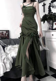 Elegant Sheath Straps Sleeveless Olive Green Satin Slit Prom Dresses Long Evening Dress HZ1024